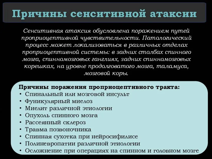 Причины сенситивной атаксии Сенситивная атаксия обусловлена поражением путей проприоцептивной чувствительности. Патологический