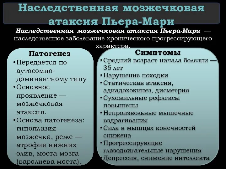 Наследственная мозжечковая атаксия Пьера-Мари Патогенез Передается по аутосомно-доминантному типу Основное проявление