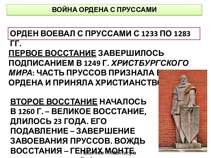 ВОЙНА ОРДЕНА С ПРУССАМИ ОРДЕН ВОЕВАЛ С ПРУССАМИ С 1233 ПО