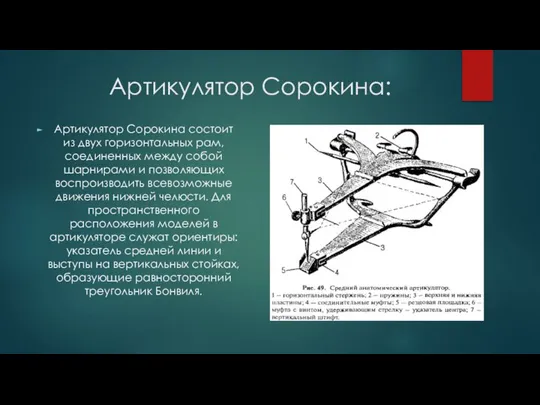 Артикулятор Сорокина: Артикулятор Сорокина состоит из двух горизонтальных рам, соединенных между