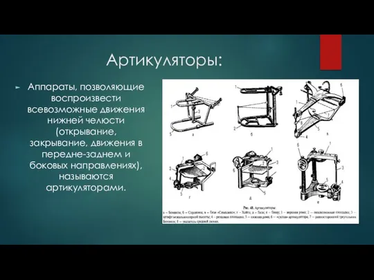 Артикуляторы: Аппараты, позволяющие воспроизвести всевозможные движения нижней челюсти (открывание, закрывание, движения