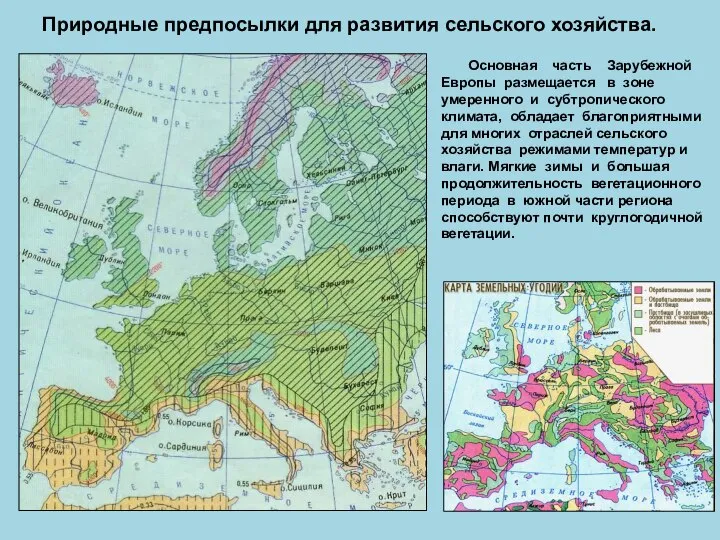 Природные предпосылки для развития сельского хозяйства. Основная часть Зарубежной Европы размещается