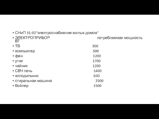 СНиП 31-02"электроснабжение жилых домов" ЭЛЕКТРОПРИБОР потребляемая мощность ВТ ТВ 300 компьютер