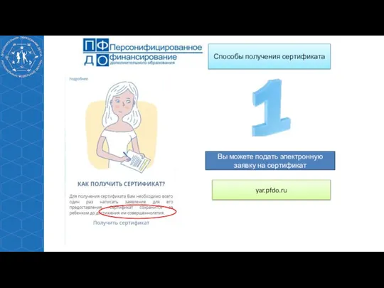 Способы получения сертификата yar.pfdo.ru Вы можете подать электронную заявку на сертификат