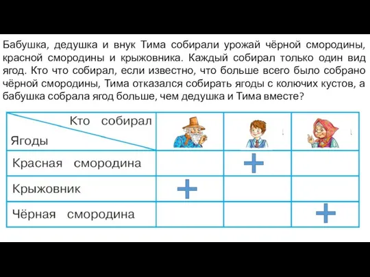 Бабушка, дедушка и внук Тима собирали урожай чёрной смородины, красной смородины