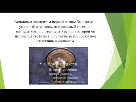 Основным элементом первой лампы был тонкий угольный стержень, нагреваемый током до