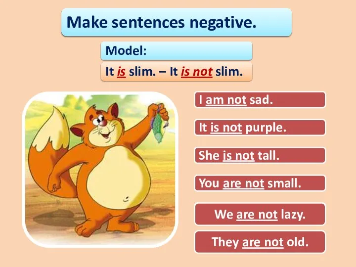 Make sentences negative. Model: It is slim. – It is not