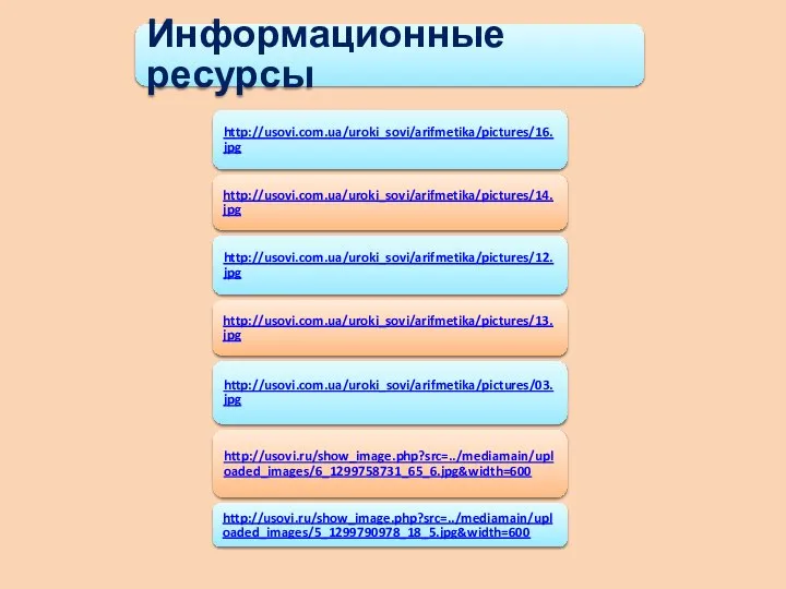 Информационные ресурсы http://usovi.com.ua/uroki_sovi/arifmetika/pictures/16.jpg http://usovi.com.ua/uroki_sovi/arifmetika/pictures/14.jpg http://usovi.com.ua/uroki_sovi/arifmetika/pictures/12.jpg http://usovi.com.ua/uroki_sovi/arifmetika/pictures/13.jpg http://usovi.com.ua/uroki_sovi/arifmetika/pictures/03.jpg http://usovi.ru/show_image.php?src=../mediamain/uploaded_images/6_1299758731_65_6.jpg&width=600 http://usovi.ru/show_image.php?src=../mediamain/uploaded_images/5_1299790978_18_5.jpg&width=600