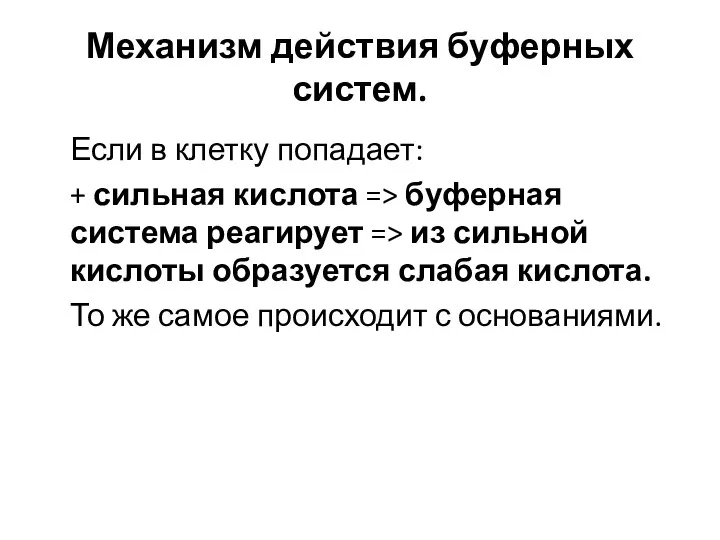 Механизм действия буферных систем. Если в клетку попадает: + сильная кислота