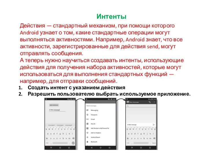 Интенты Действия — стандартный механизм, при помощи которого Android узнает о