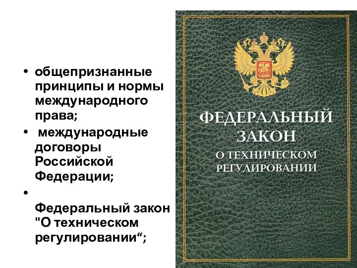 общепризнанные принципы и нормы международного права; международные договоры Российской Федерации; Федеральный закон "О техническом регулировании“;