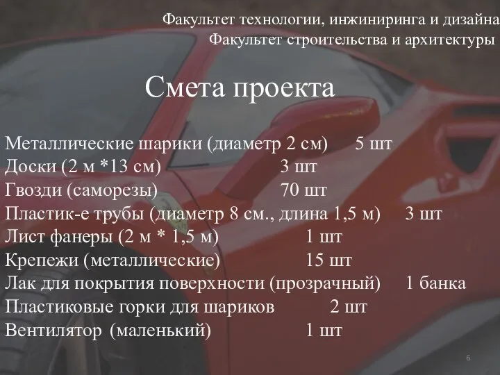 Факультет технологии, инжиниринга и дизайна Факультет строительства и архитектуры Смета проекта