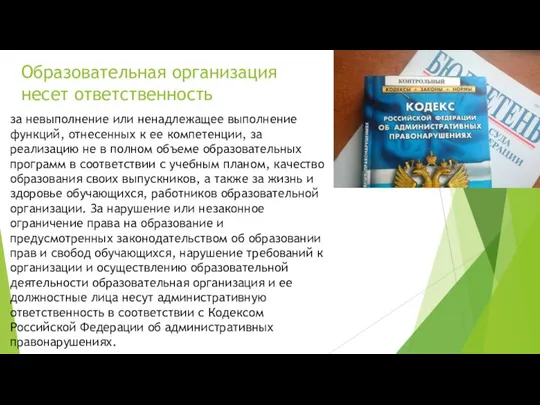 Образовательная организация несет ответственность за невыполнение или ненадлежащее выполнение функций, отнесенных