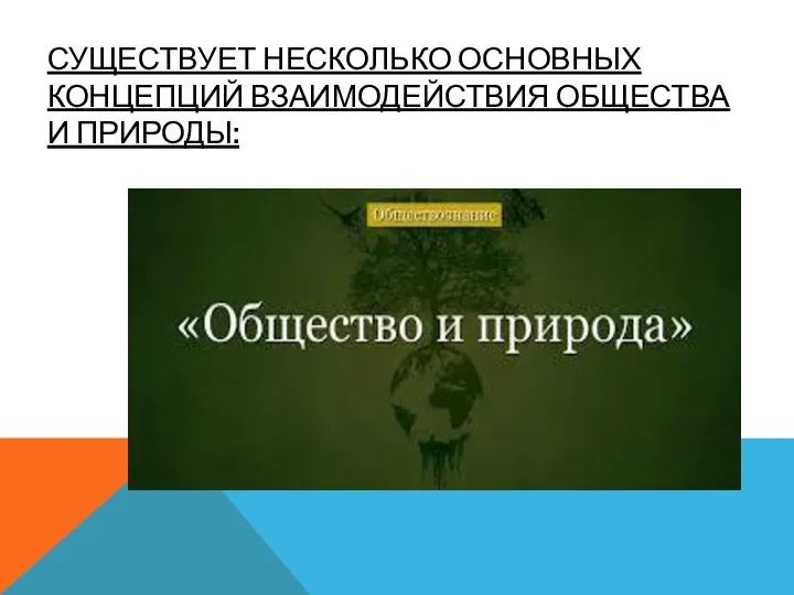 СУЩЕСТВУЕТ НЕСКОЛЬКО ОСНОВНЫХ КОНЦЕПЦИЙ ВЗАИМОДЕЙСТВИЯ ОБЩЕСТВА И ПРИРОДЫ: