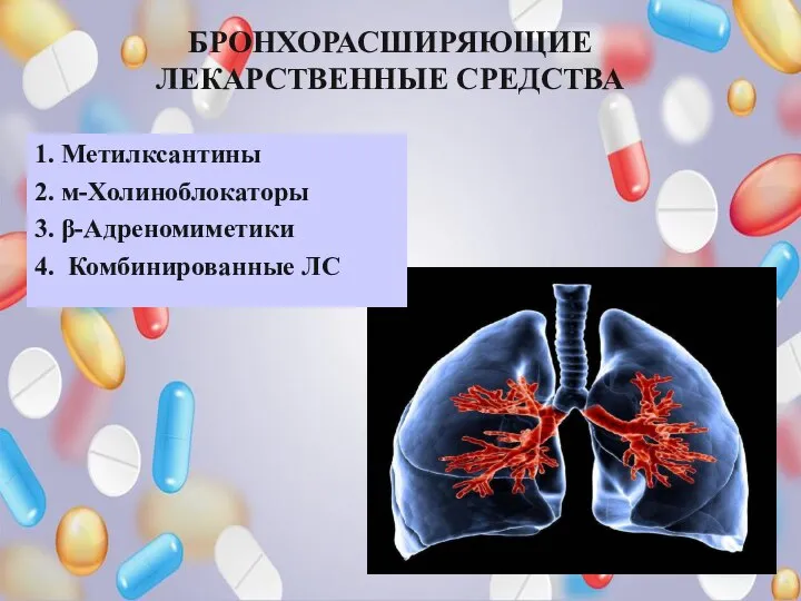 БРОНХОРАСШИРЯЮЩИЕ ЛЕКАРСТВЕННЫЕ СРЕДСТВА 1. Метилксантины 2. м-Холиноблокаторы 3. β-Адреномиметики 4. Комбинированные ЛС