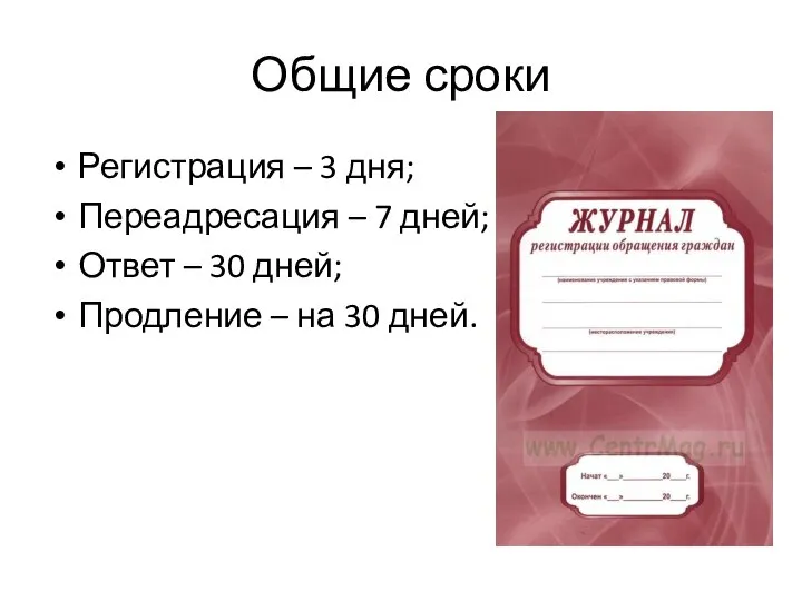 Общие сроки Регистрация – 3 дня; Переадресация – 7 дней; Ответ