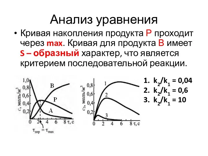 Анализ уравнения Кривая накопления продукта Р проходит через max. Кривая для