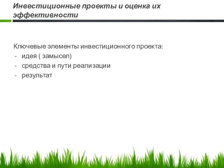 Инвестиционные проекты и оценка их эффективности Ключевые элементы инвестиционного проекта: идея