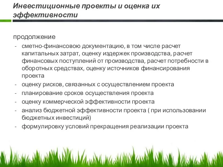 Инвестиционные проекты и оценка их эффективности продолжение сметно-финансовою документацию, в том