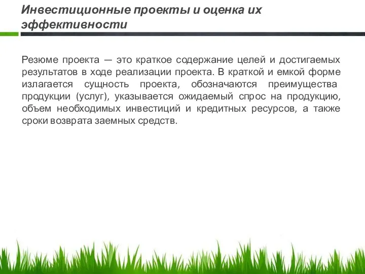 Инвестиционные проекты и оценка их эффективности Резюме проекта — это краткое