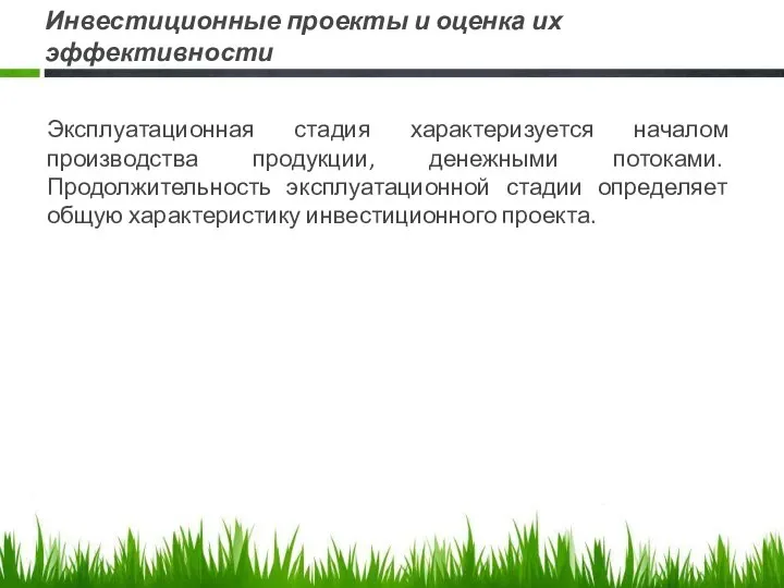 Инвестиционные проекты и оценка их эффективности Эксплуатационная стадия характеризуется началом производства