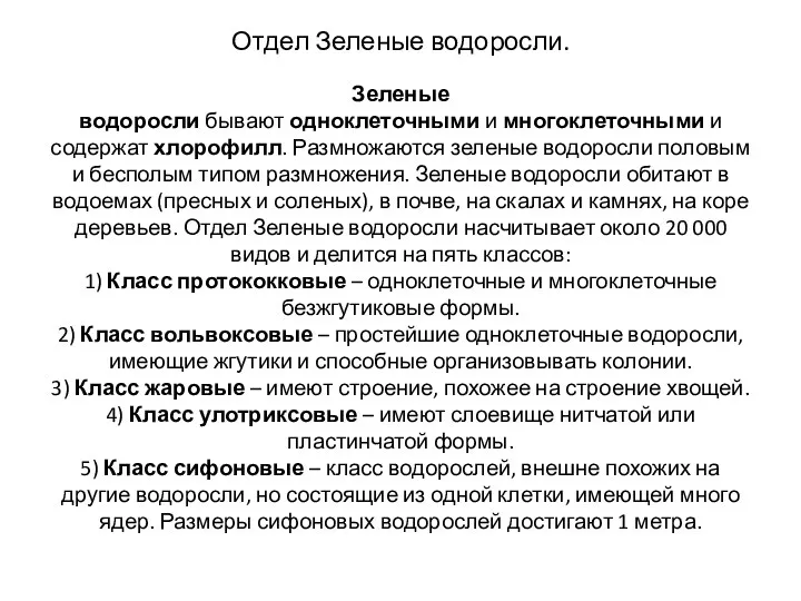 Отдел Зеленые водоросли. Зеленые водоросли бывают одноклеточными и многоклеточными и содержат