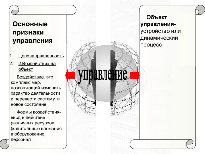 Основные признаки управления Целенаправленность 2.Воздействие на объект Воздействие это комплекс мер,