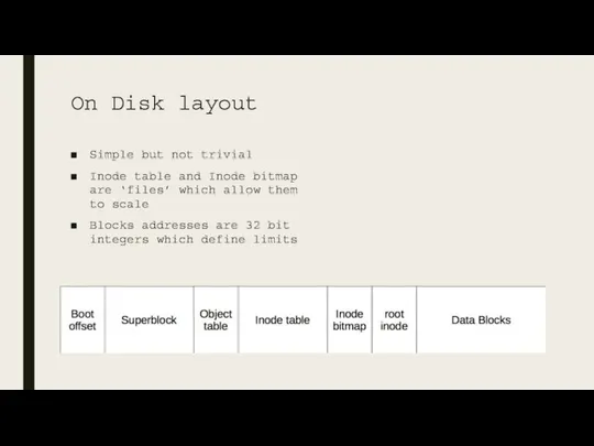 On Disk layout Simple but not trivial Inode table and Inode