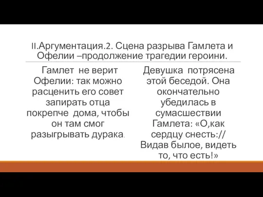 II.Аргументация.2. Сцена разрыва Гамлета и Офелии –продолжение трагедии героини. Гамлет не