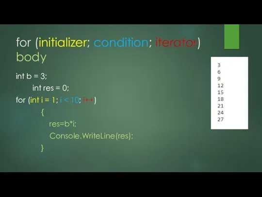 for (initializer; condition; iterator) body int b = 3; int res