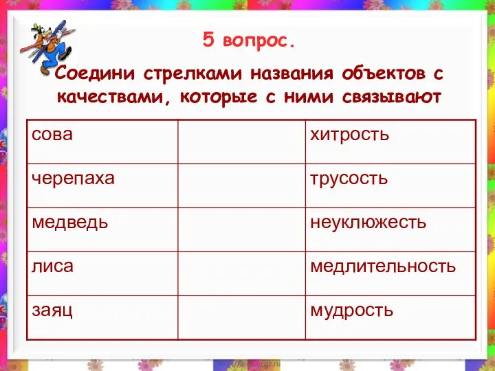 5 вопрос. Соедини стрелками названия объектов с качествами, которые с ними связывают