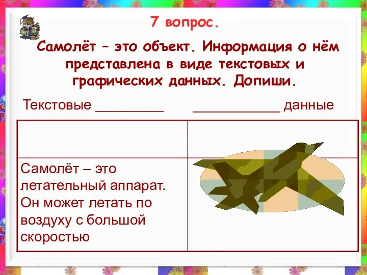 7 вопрос. Самолёт – это объект. Информация о нём представлена в