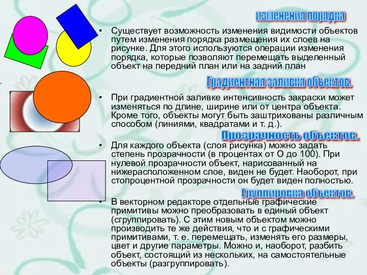 Существует возможность изменения видимости объектов путем изменения порядка размещения их слоев