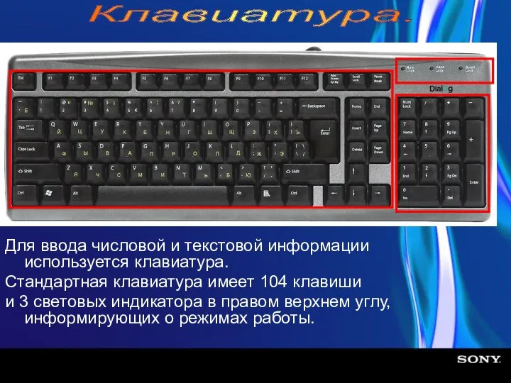 Для ввода числовой и текстовой информации используется клавиатура. Стандартная клавиатура имеет