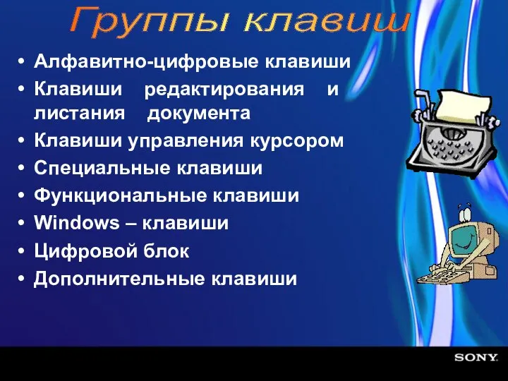 Алфавитно-цифровые клавиши Клавиши редактирования и листания документа Клавиши управления курсором Специальные