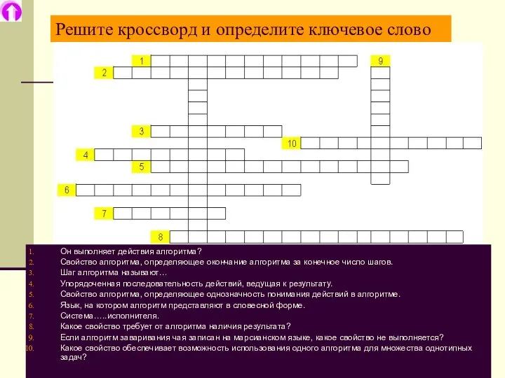 Решите кроссворд и определите ключевое слово Он выполняет действия алгоритма? Свойство