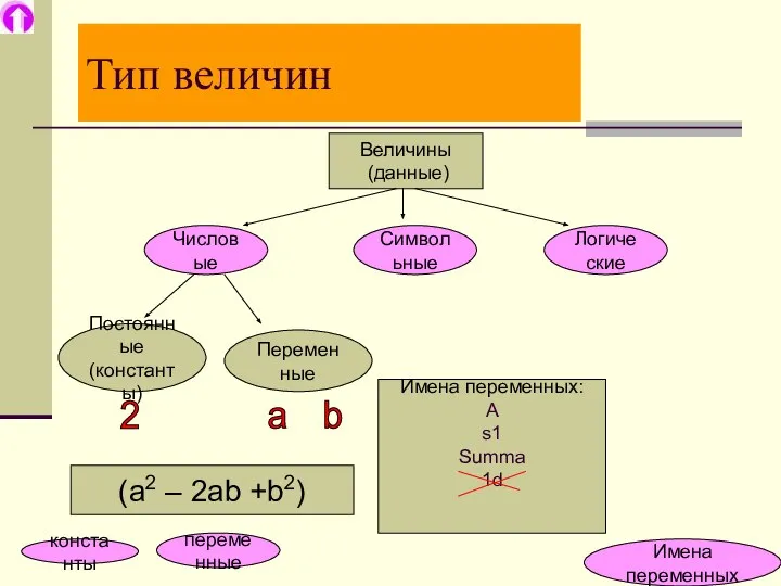 Тип величин Величины (данные) Постоянные (константы) Переменные Числовые Символьные Логические (a2