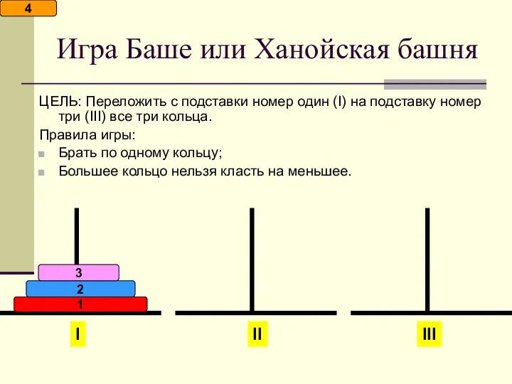 Игра Баше или Ханойская башня ЦЕЛЬ: Переложить с подставки номер один