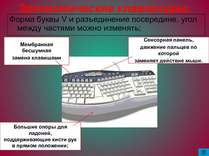 Эргономические клавиатуры: Форма буквы V и разъединение посередине, угол между частями