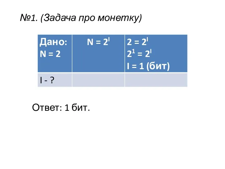 Ответ: 1 бит. №1. (Задача про монетку)