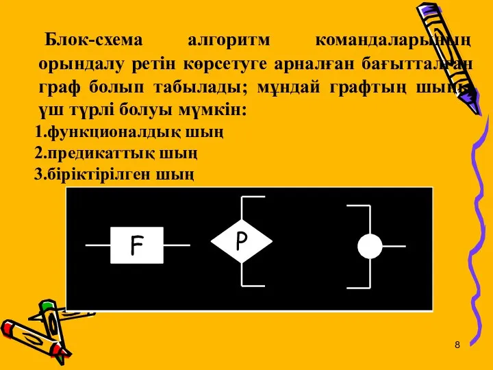 Блок-схема алгоритм командаларының орындалу ретін көрсетуге арналған бағытталған граф болып табылады;