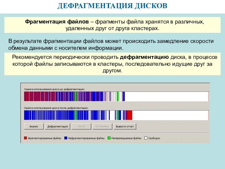 ДЕФРАГМЕНТАЦИЯ ДИСКОВ Фрагментация файлов – фрагменты файла хранятся в различных, удаленных