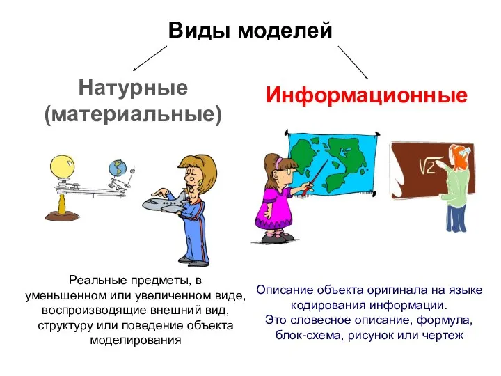 Виды моделей Натурные (материальные) Информационные Реальные предметы, в уменьшенном или увеличенном