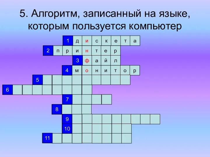 5. Алгоритм, записанный на языке, которым пользуется компьютер д и с