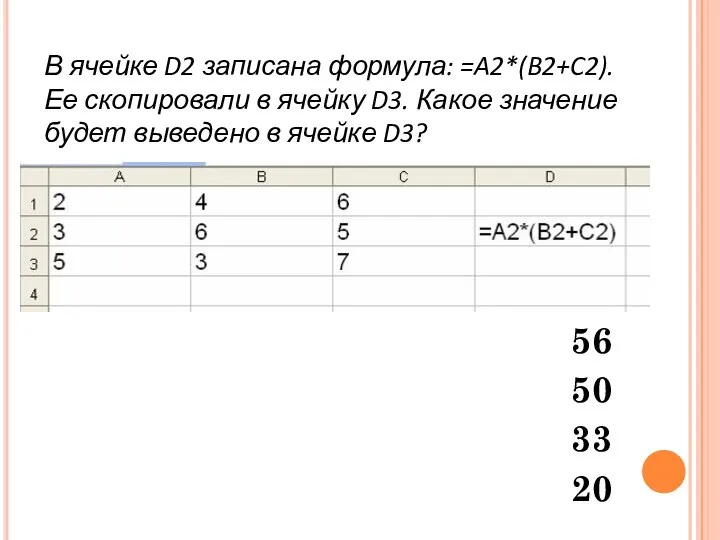 В ячейке D2 записана формула: =A2*(B2+C2). Ее скопировали в ячейку D3.