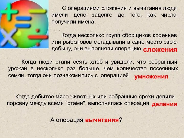 С операциями сложения и вычитания люди имели дело задолго до того,