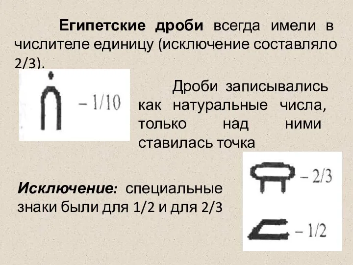 Египетские дроби всегда имели в числителе единицу (исключение составляло 2/3). Дроби