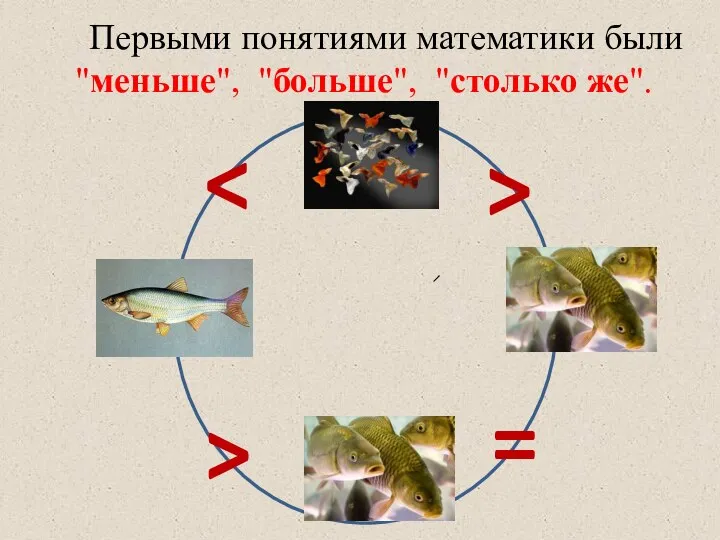 Первыми понятиями математики были "меньше", "больше", "столько же". > = >