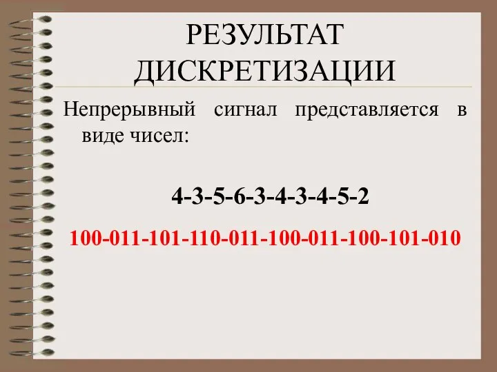 4-3-5-6-3-4-3-4-5-2 РЕЗУЛЬТАТ ДИСКРЕТИЗАЦИИ Непрерывный сигнал представляется в виде чисел: 100-011-101-110-011-100-011-100-101-010