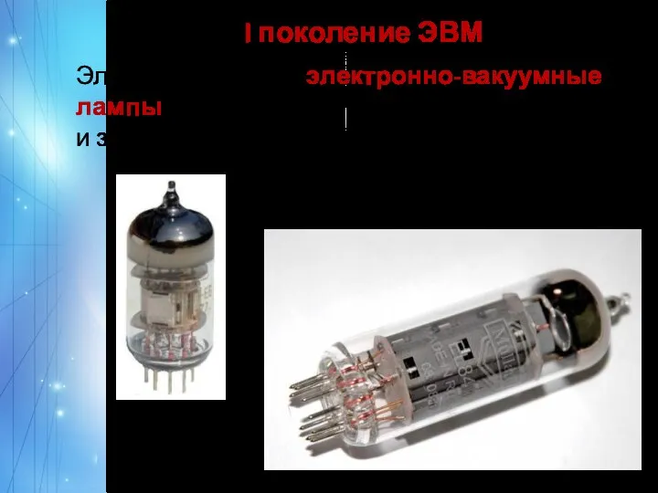 I поколение ЭВМ Элементная база – электронно-вакуумные лампы. Компьютеры имели большие